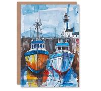 Artery8 Greeting Card Scottish Harbour Fishing Boats and Lighthouse Blank For Him Or Her Art Birthday Card