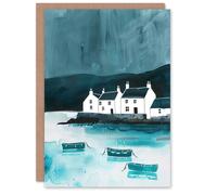 Artery8 Greeting Card Scottish Seascape White Coastal Cottages Boats Birthday in Blue Artery8 Blue