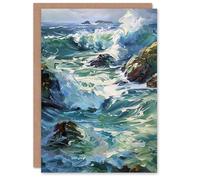 Artery8 Greeting Card Sea Spray Waves Crashing on Rocks Oil Painting Blank For Him Or Her Art Birthday Card
