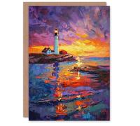 Artery8 Greeting Card Seaside Sunset St Mary's Lighthouse Whitley Bay Blank For Him Or Her Art Birthday Card