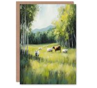 Artery8 Greeting Card Sheep Cows Grazing Countryside Field Painting Blank For Him Or Her Art Birthday Card