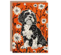 Artery8 Greeting Card Shih Tzu with Daisies Red Floral Dog Lover For Her Woman Birthday Card