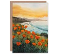 Artery8 Greeting Card Shoreline California Poppies Floral Watercolour For Her Woman Birthday Card