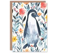 Artery8 Greeting Card Shy Penguin in Flower Garden Bright Floral For Her Woman Birthday Card