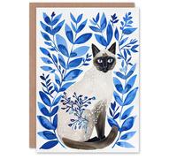 Artery8 Greeting Card Siamese Cat Lover and Blue Plants Pet Portrait Blank For Him Or Her Art Birthday Card