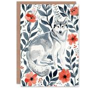 Artery8 Greeting Card Siberian Husky in Poppy Flower Pattern Dog Lover Blank For Him Or Her Art Birthday Card