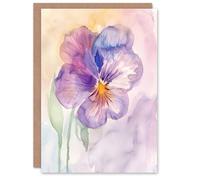 Artery8 Greeting Card Single Pansy Modern Watercolour Purple Floral Blank For Her Woman Birthday Card