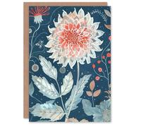 Artery8 Greeting Card Single Red Dahlia Flower Blue Botanical Artwork For Her Woman Birthday Card