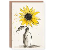 Artery8 Greeting Card Single Sunflower in Vase Yellow Grey Watercolour Artery8 Yellow