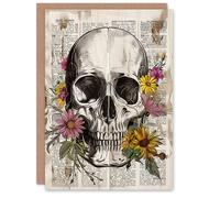 Artery8 Greeting Card Skull with Daisies Book Page Mixed Media Upcycle Blank For Him Or Her Art Birthday Card