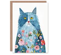 Artery8 Greeting Card Smiling Blue Cat with Flowers in Fur Watercolour For Her Woman Birthday Card