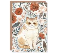 Artery8 Greeting Card Smiling Exotic Shorthair Cat Floral Watercolour For Her Woman Birthday Card