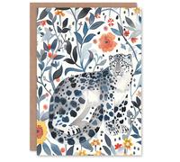 Artery8 Greeting Card Snow Leopard Blue Orange Floral Watercolour Blank For Him Or Her Art Birthday Card