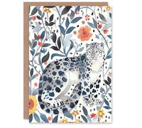 Artery8 Greeting Card Snow Leopard Blue Orange Floral Watercolour Blank For Him Or Her Art Birthday Card