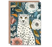 Artery8 Greeting Card Snow Leopard Floral Pattern Watercolour Folk Art Blank For Him Or Her Art Birthday Card