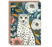 Artery8 Greeting Card Snow Leopard Floral Pattern Watercolour Folk Art Blank For Him Or Her Art Birthday Card