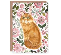 Artery8 Greeting Card Somali Cat Lover Pink Flower Rustic Pattern Blank For Him Or Her Art Birthday Card