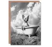 Artery8 Greeting Card Sphinx in Bathtub Black White Surreal Cat Lover Blank For Him Or Her Art Birthday Card