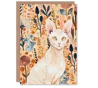 Artery8 Greeting Card Sphynx Cat in Autumn Wildflowers Watercolour Blank For Him Or Her Art Birthday Card