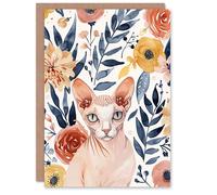 Artery8 Greeting Card Sphynx Cat Lover Floral Watercolour Portrait For Her Woman Birthday Card