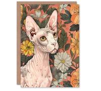 Artery8 Greeting Card Sphynx Cat Lover in Flower Garden Pet Portrait Blank For Him Or Her Art Birthday Card