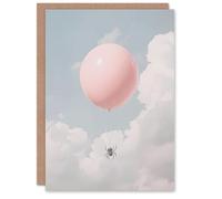 Artery8 Greeting Card Spider Travel Floating in Sky with a Pink Balloon Blank For Him Or Her Art Farewell Card