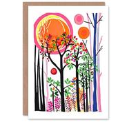 Artery8 Greeting Card Spring Sunset Forest Colourful Linocut Design Blank For Him Or Her Art Birthday Card