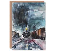 Artery8 Greeting Card Steam Train Arrival Yard Stormy Day Watercolour Blank For Him Or Her Art Birthday Card