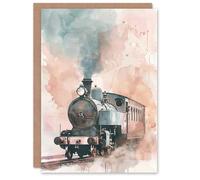 Artery8 Greeting Card Steam Train Blue Pink Watercolour Railfan Spotter Blank For All Him Or Her Art Birthday Card
