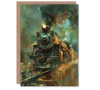 Artery8 Greeting Card Steam Train on Tracks Modern Painting Dark Blank For Him Or Her Art Birthday Card