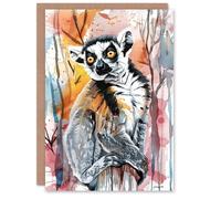 Artery8 Greeting Card Striped Lemur in Abstract Rainforest Sunset Blank For Him Or Her Art Birthday Card