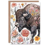 Artery8 Greeting Card Stylised Majestic Bison in Spring Wildflowers For Her Woman Birthday Card
