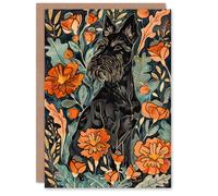 Artery8 Greeting Card Stylised Scottish Terrier Dog with Peony Flowers in Orange Artery8 Orange