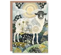 Artery8 Greeting Card Stylised Sheep with Patterns Full Moon Folk Art Blank For Him Or Her Art Birthday Card