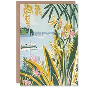 Artery8 Greeting Card Summer Marina Coastal Wildflowers Pastel Colour Blank For Him Or Her Art Birthday Card