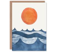 Artery8 Greeting Card Summer Sun Over Ocean Waves Abstract Watercolour in Orange Artery8 Orange