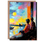 Artery8 Greeting Card Sunset Coastal View Couple Love Romantic Painting Blank For Him Or Her Art Anniversary Card