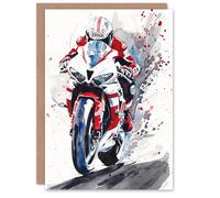 Artery8 Greeting Card Superbike Motorcycle Rider Race Sport Watercolour For Him Man Birthday Card