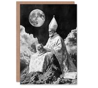 Artery8 Greeting Card Surreal Cat Lover Pope and Moon Black White Blank For Him Or Her Art Birthday Card