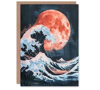 Artery8 Greeting Card Surreal Great Wave Blood Moon Sea Storm Painting in Blue Artery8 Blue