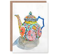 Artery8 Greeting Card Teapot Colourful Patterns Watercolour Folk Art For Her Woman Birthday Card