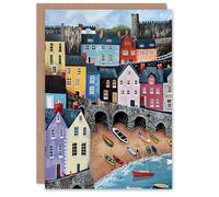 Artery8 Greeting Card Tenby Harbour Beach Colourful Coastal Townscape Blank For All Him Or Her Art Birthday Card