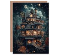 Artery8 Greeting Card The Burrow Witch Home at Night Conceptual Art Blank For Him Or Her Art Birthday Card