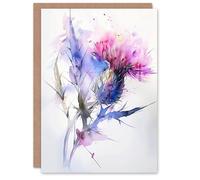 Artery8 Greeting Card Thistle Flower Violet Pink Green Soft Watercolour Blank For Him Or Her Art Birthday Card