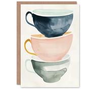 Artery8 Greeting Card Three Stacked Tea Cups Bright Boho Watercolour Blank For Him Or Her Art Birthday Card