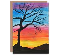 Artery8 Greeting Card Tree Silhouette Against Rainbow Sky Watercolour Blank For Him Or Her Art Birthday Card