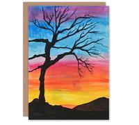 Artery8 Greeting Card Tree Silhouette Against Rainbow Sky Watercolour Blank For Him Or Her Art Birthday Card