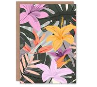 Artery8 Greeting Card Tropical Exotic Colourful Lilies Monstera Design Blank For Him Or Her Art Birthday Card
