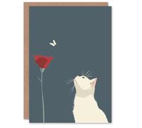 Artery8 Greeting Card Tulip Flower and Butterfly White Cat Lover Design Blank For Him Or Her Art Birthday Card