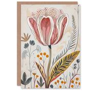 Artery8 Greeting Card Tulip Flower Orange Grey Pink Folk Art Floral Blank For Her Woman Birthday Card